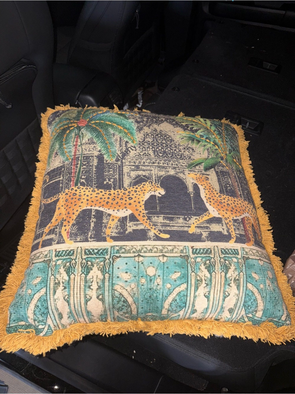 Decorative Leopard Motif Throw Pillow - Yellow Fringe, Green & Teal Accents